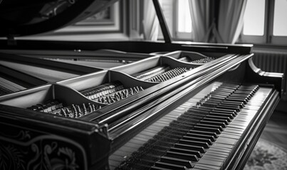 Black grand piano close up. Black and white photo of a grand piano