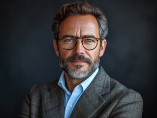Obraz premium Portrait of handsome smiling businessman with suit in professional studio background