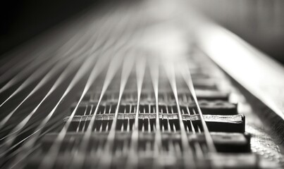 Black and white image of an old piano. Close-up.