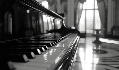 Piano keys close-up. Black and white photo. Selective focus.
