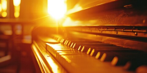 Close up of piano keys with golden bokeh background. Music concept
