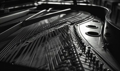 Close up of a grand piano. Black and white photo with shallow depth of field