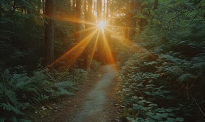 Sunrise in the forest with a path leading to the sun.