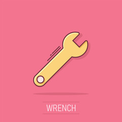 Wrench icon in comic style. Spanner key cartoon vector illustration on isolated background. Repair equipment splash effect business concept.