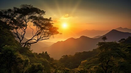 AI generated illustration of the sun rising over a mountain range in the distance