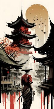 AI generated illustration of a Chinese-themed background of a female against traditional houses