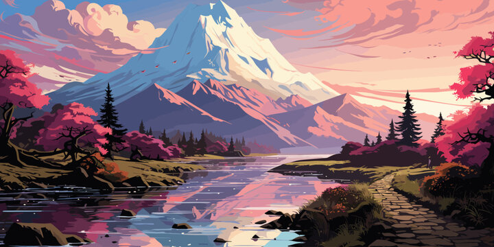 a lakeside walkway with beautiful mountain scenery in the background in anime style vector flat bright colors