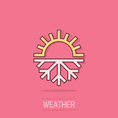 Snowflake and sun icon in comic style. Climate control cartoon vector illustration on isolated background. Hot, cold temperature splash effect business concept.