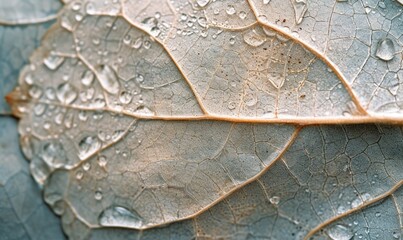Macro of water drops on the autumn leaf. Natural background.