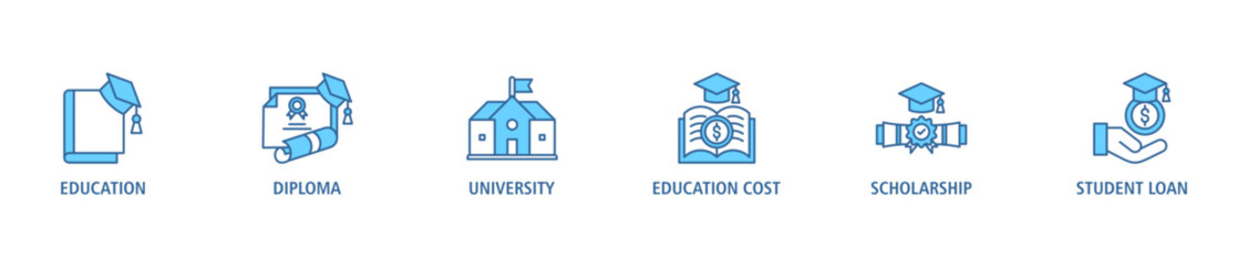 Scholarship banner web icon set vector illustration concept with icon of education, diploma, university, education cost, scholarship, loan student