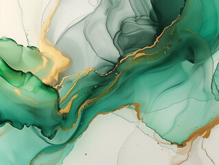 Abstract ink wallpaper, watercolor green and yellow / gold wavy wallpaper painting backdrop horizontal banner marble texture	