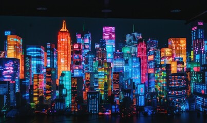 Colorful neon lights of city at night. Illuminated skyscrapers