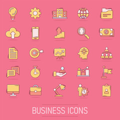 Business icons set in comic style. Finance strategy cartoon vector illustration on isolated background. Marketing splash effect business concept.