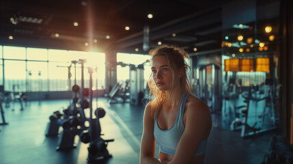 Woman resting at gym with thoughtful expression - obrazy, fototapety, plakaty