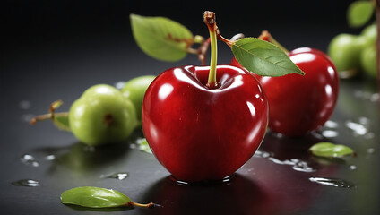 Soczyste wiśnie i agrest na lustrzanej powierzchni