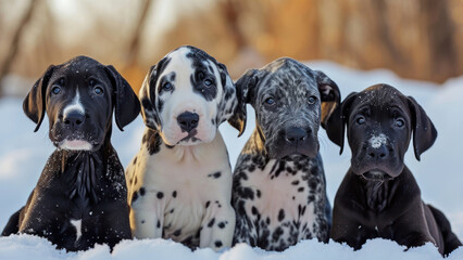 a group of dogs sitting in the snow together for a photograph