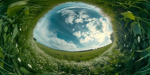Surreal circular landscape with verdant fields and sky. artistic nature concept. a unique perspective of the outdoors. ideal for backgrounds. AI