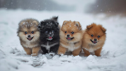 Fototapeta premium three dogs are playing together in the snow at the same time