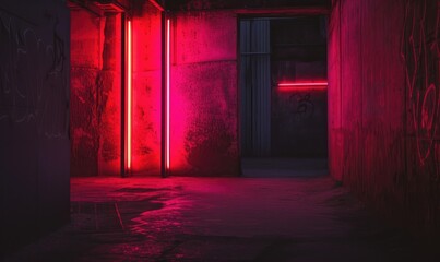 Fototapeta na wymiar Red neon light in a dark abandoned building. 
