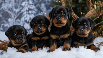 a bunch of puppies sitting on a snow covered ground