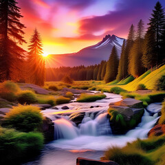 Sunset Serenity: Captivating Waterfalls in the Enchanting Forest Landscape