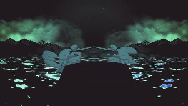 Animation of xanadu lava flow in desert island. Cartoon background of grayish green pale molten rock in hell. Magma field in outworld. Magic fireballs hit the ground. Animated land of pale fire.