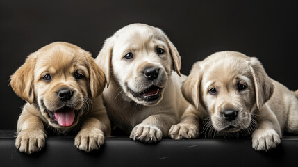 three dogs laying on the side of a black surface posing for a photo