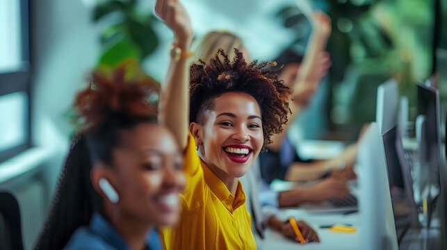 Young and competent diverse business people working together in the shared office are raising one hand with a cheerful and bright expression and shouting success at the camera. generative AI