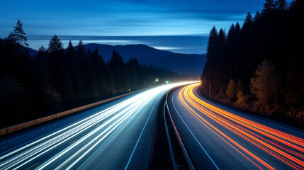 Long exposure night shot of busy highway with light trails nestled in tranquil forest