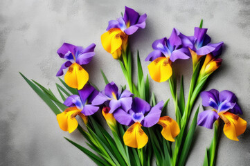 Purple and Yellow Irises on Grey Background