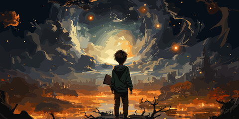 boy standing on the opened book and looking at other books floating in the air, digital art style, illustration painting - obrazy, fototapety, plakaty