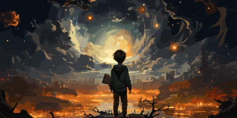 Papier Peint photo autocollant Chocolat brun boy standing on the opened book and looking at other books floating in the air, digital art style, illustration painting