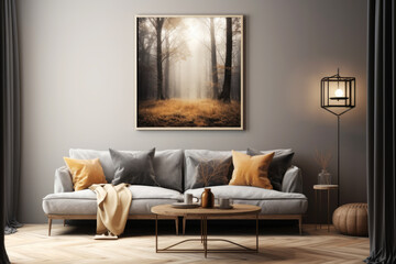 Cozy living room interior with autumn landscape painting