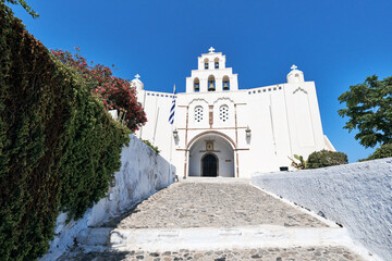 The Church of the Presentation of the Virgin Mary is located at the highest point of the castle of Pyrgos Kallistis village, Santorini. Travel, holidays, relax, adventure.