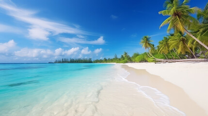 Tropical paradise beach with crystal clear water and white sands under a blue sky