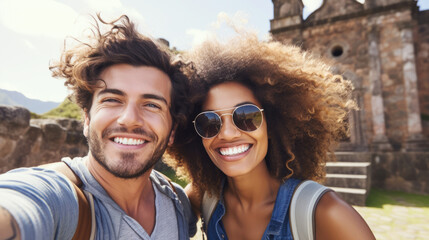 Joyful young couple taking a selfie on a sunny vacation trip