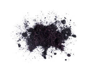 Black Soil Texture. Pile of Black Cultivated Soil with Plant Remains, Lumps and Roots. White...