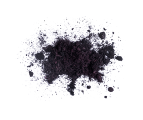 Black Soil Texture. Pile of Black Cultivated Soil with Plant Remains, Lumps and Roots. White Background. Garden Soil Scatter Loosely on a Light Ground.