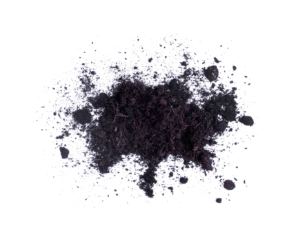 Black Soil Texture. Pile of Black Cultivated Soil with Plant Remains, Lumps and Roots. White Background. Garden Soil Scatter Loosely on a Light Ground.