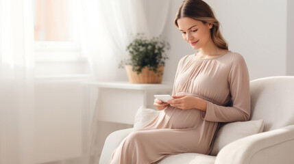 Serene pregnant woman relaxing on couch using smartphone