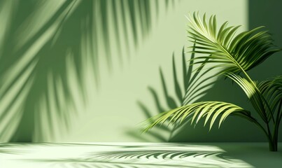 3d render, simple abstract green background illuminated with bright sunlight, with palm leaf shadow. Modern minimal showcase scene for product, Generative AI