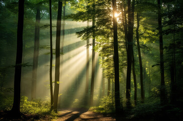 Misty forest with sunbeams piercing through trees on a tranquil morning