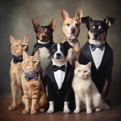 AI generated group of cats and dog in formal clothes