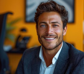 Obraz premium Portrait of handsome smiling businessman with suit in office background