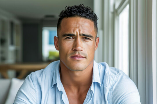 A man sitting in front of a window, looking.
