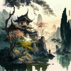 AI generated illustration of ancient Asian-style buildings situated near a lake on a rocky cliff