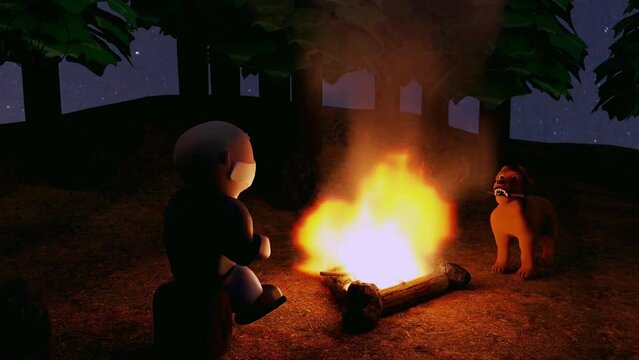 Animated man with a dog near a bonefire ina  forest at night