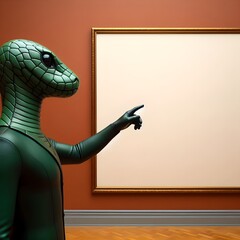 Snake  Masked  Figure in  Darkgreen  Suit  Drawing  Attention -  Museum with  Terracotta  Background