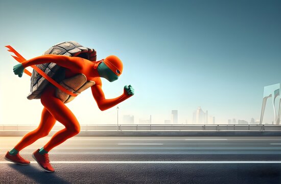 a man in a green turtle mask and orange outfit runs and tries to participate in the running competition