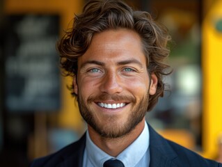 Fototapeta premium Portrait of handsome smiling businessman with suit in office background